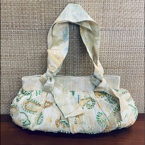 🌟2xHP🌟VTG Feminine Iridescent Green Paisley Faille Fabric Beaded Shoulder Bag